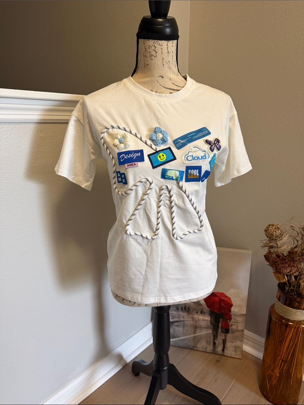 Pastels White Graphic Patch Tee with Blue Accents